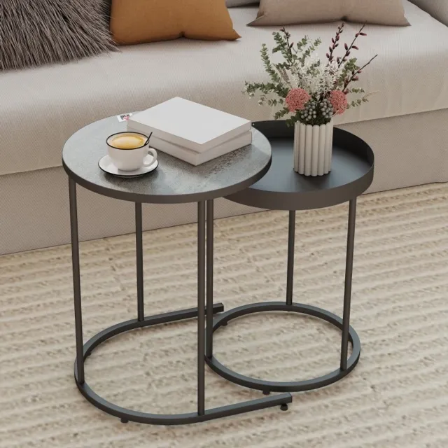 HAUSS SPOLE Salontafel Set Van 2 - Inschuifbaar Rond Design Met Opstaande Rand - Voor Woonkamer - Metaal En MDF - Grijs Zwart