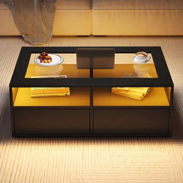 Clruro Salontafel - 100x50x35 cm - Met LED 2 Lades Glasblad En Open Opbergruimte - Glas - Zwart