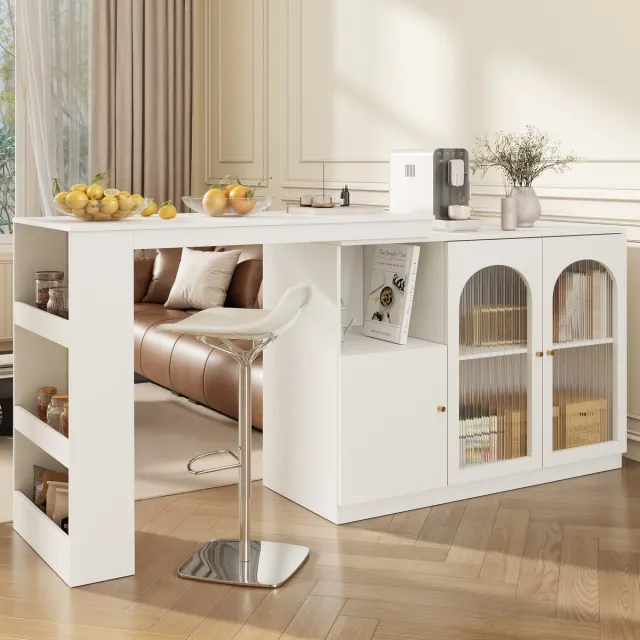 Clruro Bartafel - 120×40×97 cm - 360° Draaibaar met Opbergruimte & Glazen Deur - Wit