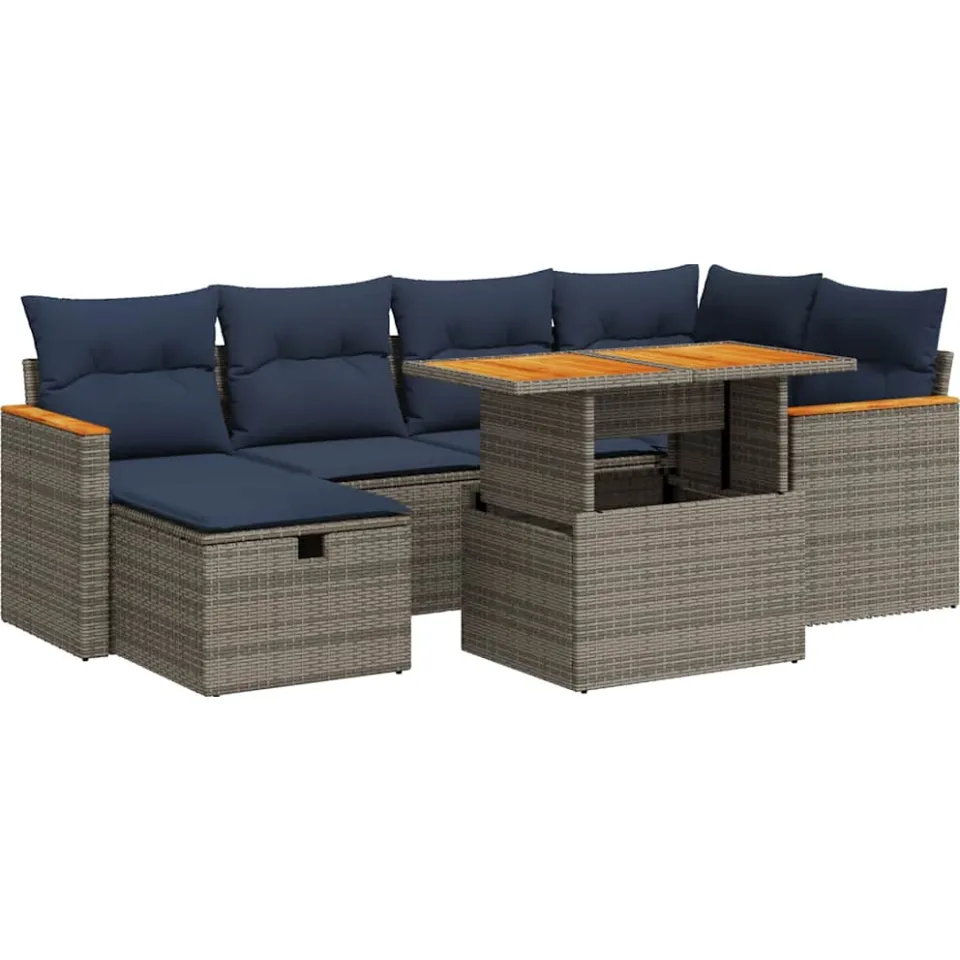 vidaXL 7-delige Loungeset met kussens poly rattan acacia grijs, foto 3