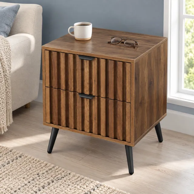 CHICFURN Nachtkastje - 2 lades - metalen poten - walnoot Walnootkleur