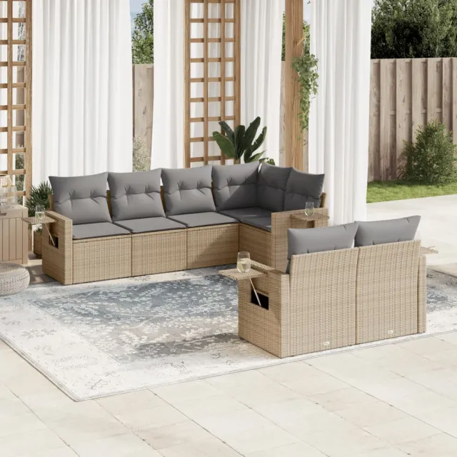 vidaXL 7-delige Loungeset met kussens poly rattan beige, foto 2