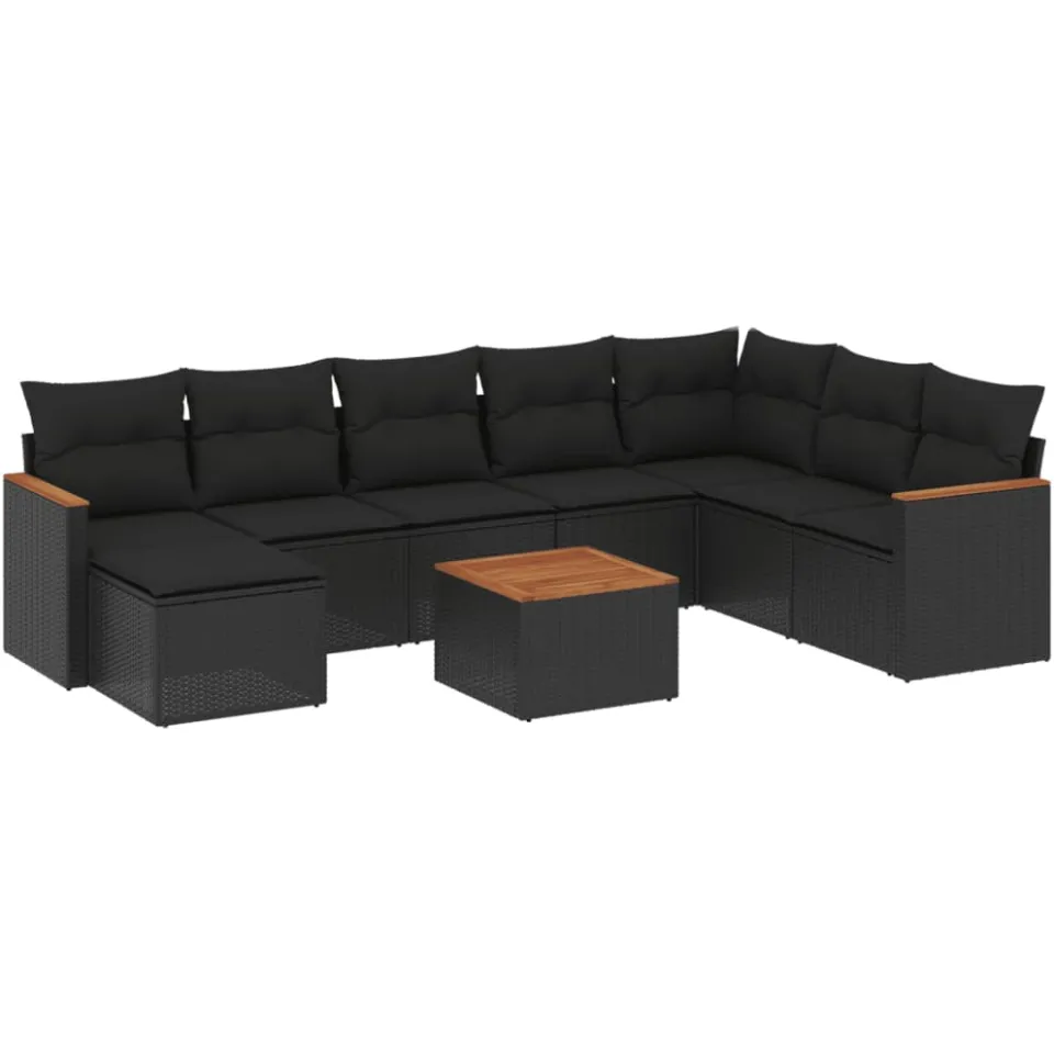 vidaXL 9-delige Loungeset met kussens poly rattan zwart, foto 3