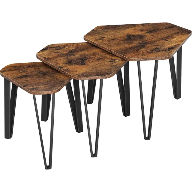 Vasagle bijzettafelset, 3 st. nachtkastjes, salontafels, met metalen poten, eenvoudige constructie, industrieel ontwerp, vintage bruin-zwart lnt14bx Metaal