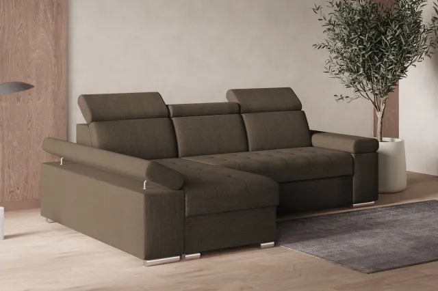 AJE Meubles B.V. Hoekbank L met slaapfunctie, verstelbare hoofdsteunen & bedlade – Moderne slaapbank met opbergruimte – Hoekbank Luka L – Bruin (Twist 06) – Links