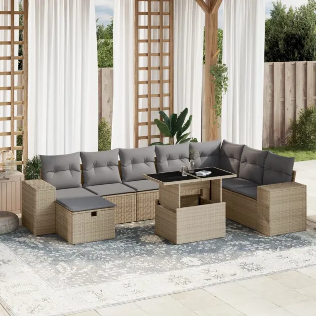 vidaXL 9-delige Loungeset met kussens poly rattan beige, foto 2
