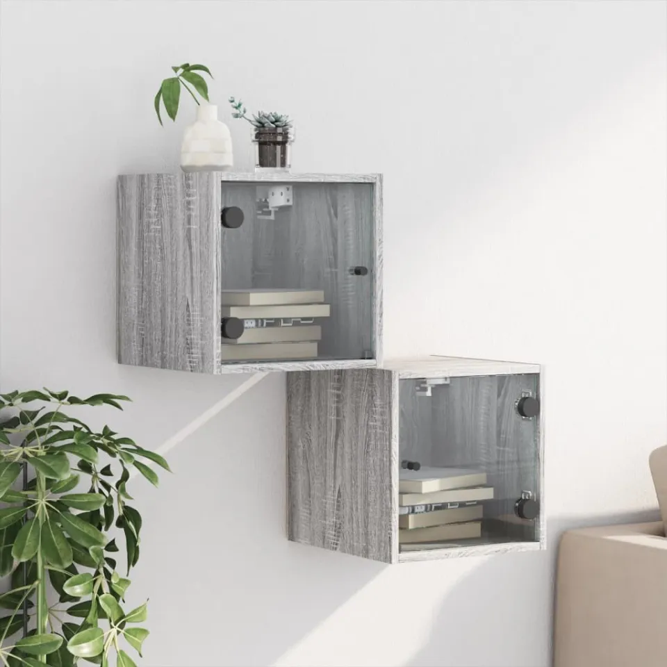 vidaXL Nachtkastjes met glazen deuren 2 st 35x37x35 cm grijs sonoma, foto 3