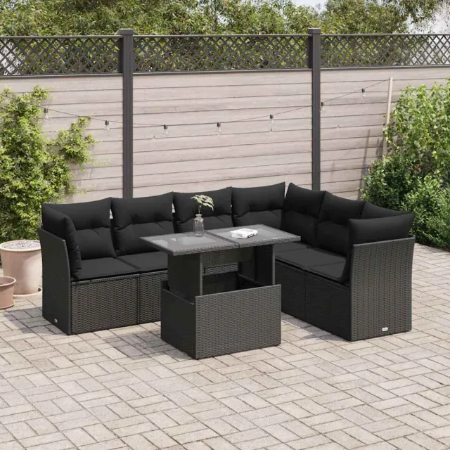 vidaXL 7-delige Loungeset met kussens poly rattan zwart, foto 2