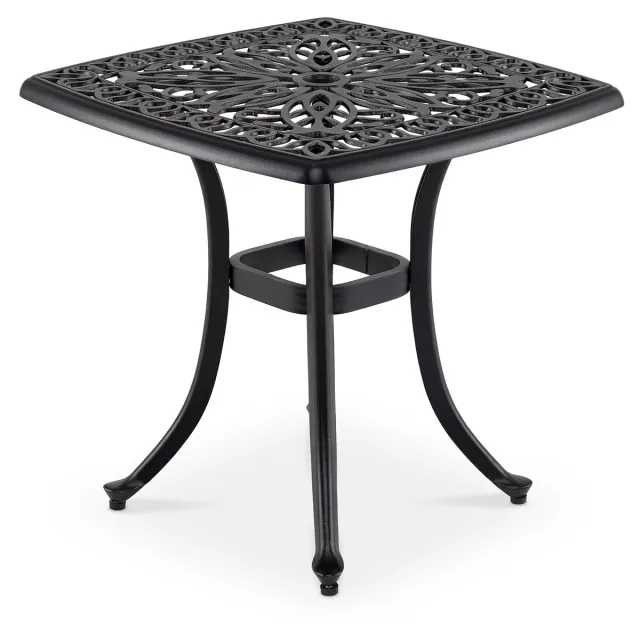 KOMFOTTEU bijzettafel voor buiten 54cm, vierkante bistrotafel van gegoten aluminium met parasolgat, opengewerkt bloemenpatroon, kleine weerbestendige salontafel voor tuin en balkon Zwart