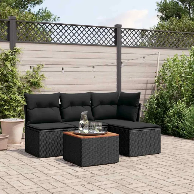 vidaXL 5-delige Loungeset met kussens poly rattan zwart, foto 2
