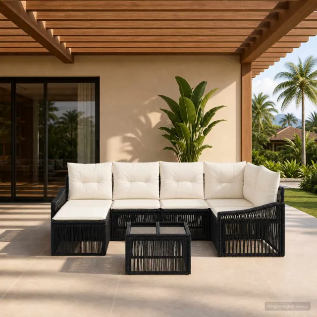 vidaXL Tuinbankenset 7 st 8-zits Zwart poly rattan, foto 2