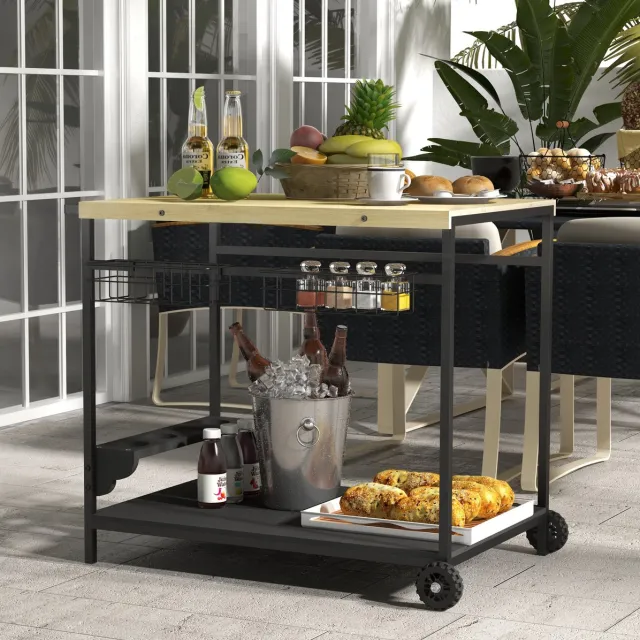 COVREO Servierwagen 97,5 x 65 x 81 cm naturel hout, stalen frame met 2 niveaus Natural Wood