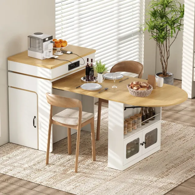 MIVRAY Eettafel - Uitschuifbare Keukeneiland Tafel Met Led, Stopcontact En Lades - Voor Keuken En Eethoek - Wit Met Houtlook - 55-194x80x95,5 Cm