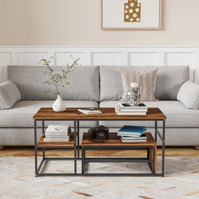 ROSAHQNDA Salontafels Set van 2, Bijzettafels, Marmerlook met Metalen Frame en Plank, Rechthoekige Salontafel, Woonkamertafel, Banktafel voor Woonkamer, Slaapkamer (Bruin + Zwart Kader)