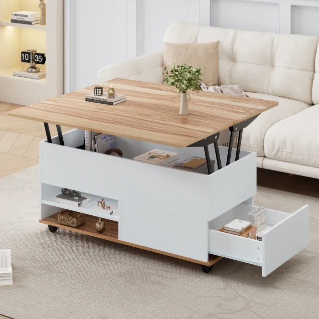 Merax 100x98x65 cm verstelbare koffietafel - met opbergruimte en plank - voorzien van wieltjes en lade - eettafel - houtkleur en wit