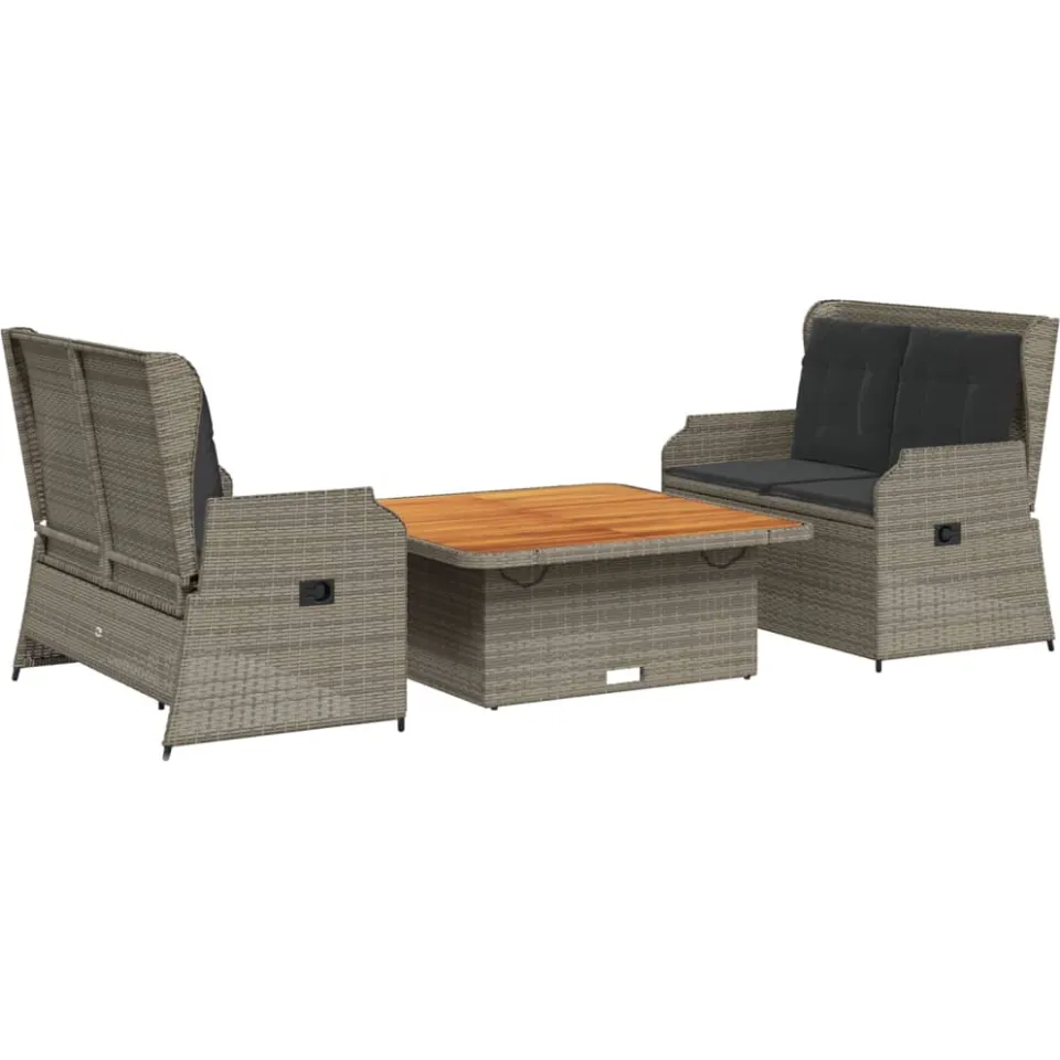 vidaXL 3-delige Loungeset met kussens poly rattan grijs, foto 3