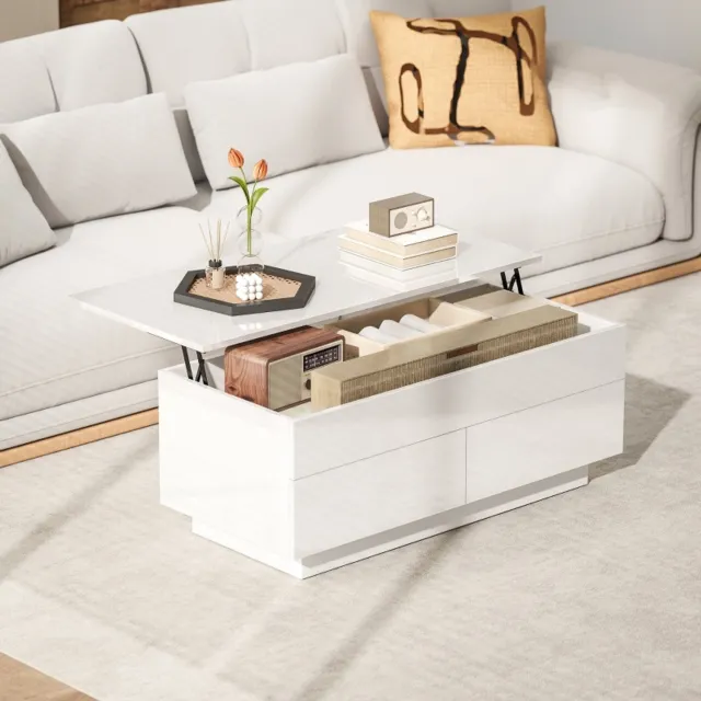 CHICFURN Salontafel 102 cm - Hoogteverstelbaar - 2 lades - Woonkamer - Spaanplaat en metaal - Wit hoogglans Hoogglans wit