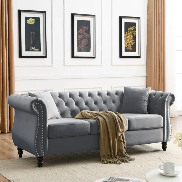 STILVORA Chesterfield Bank 203 x 73,6 x 76 cm - 2-Zits Met Gecapitonneerde Rugleuning En Siernagels - Voor Woonkamer En Kantoor - Fluweel - Grijs