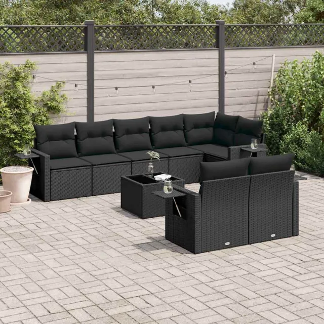 vidaXL 9-delige Loungeset met kussens poly rattan zwart, foto 2
