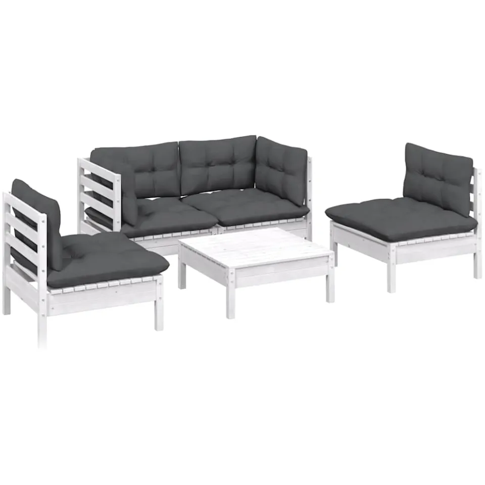 vidaXL 5-delige Loungeset met kussens massief grenenhout Wit