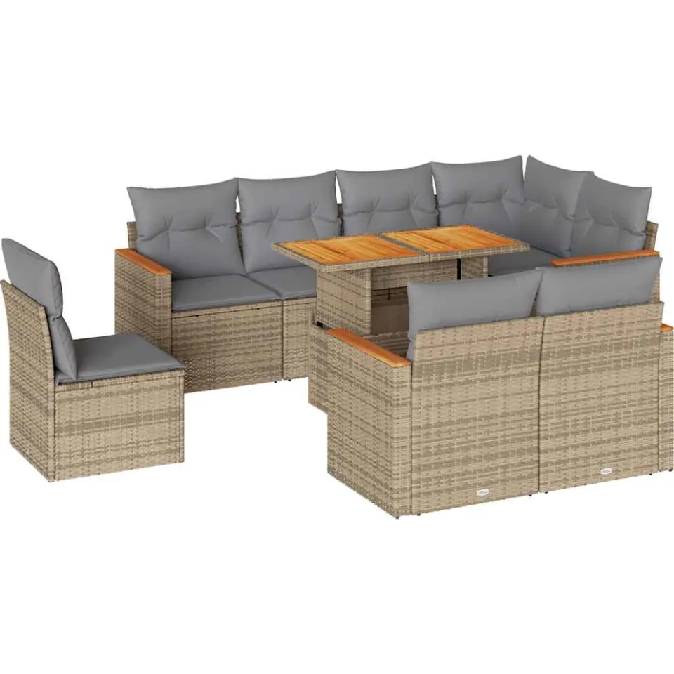 vidaXL 9-delige Loungeset met kussens poly rattan acacia beige, foto 3