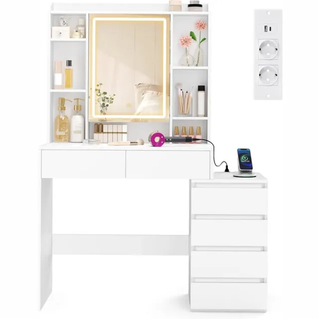 Sierra , Kailyn RDT144WB01 Kaptafel met led-spiegel, instelbare helderheid, stekkerdoos, make-uptafel, 40 x 105 x 145 cm, open vakken, verstelbare planken, modern, wolkenwit, Kailyn RDT144WB01 Cloud Wit