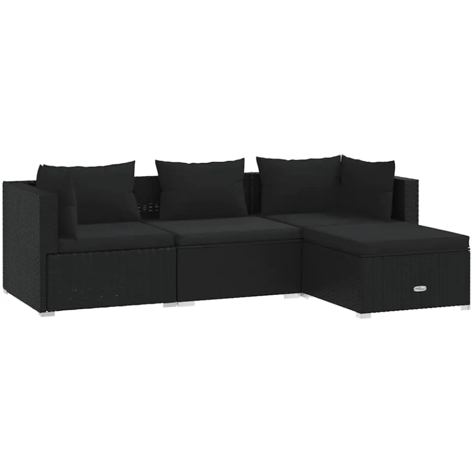 vidaXL 4-delige Loungeset met kussens poly rattan zwart, foto 3