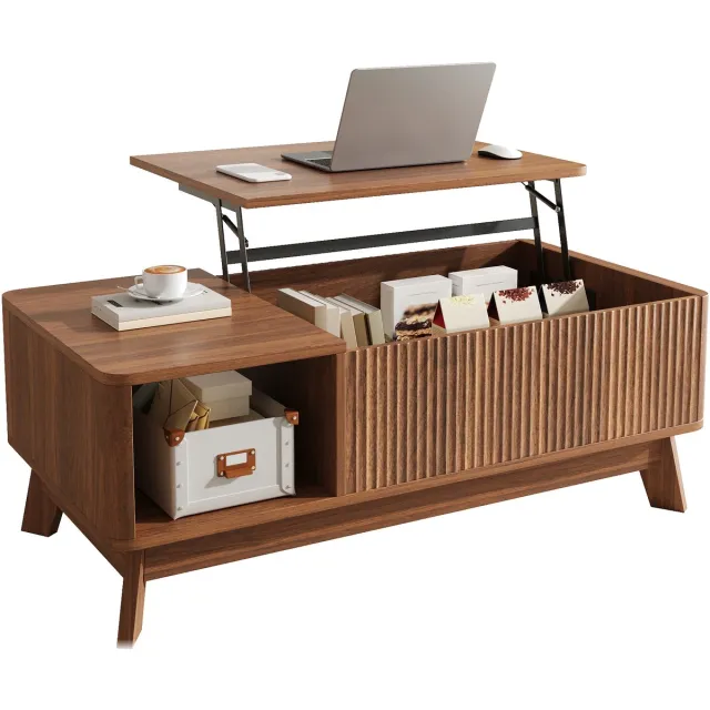 Clruro Salontafel - Met Liftfunctie En Open Zijvak - Golfontwerp - MDF - Houtkleur walnoot