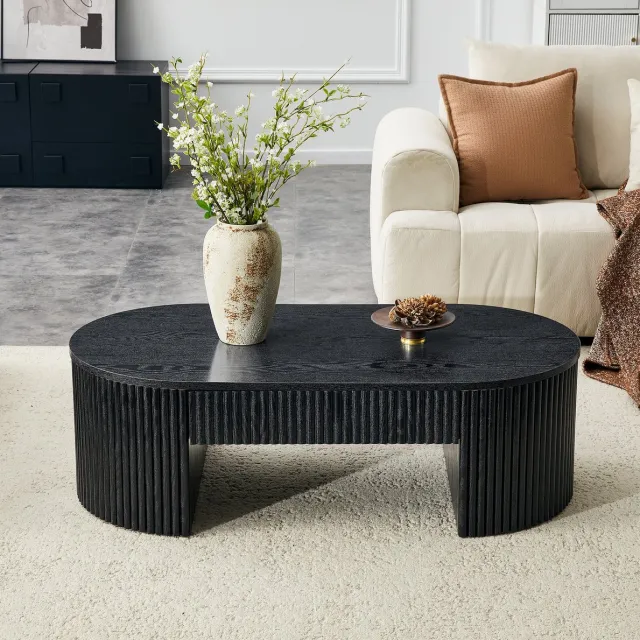 DESMIU Salontafel Ovaal Met Lade En Rillenstructuur Voor Woonkamer Modern Zwart MDF 105 X 54 X 38 Cm