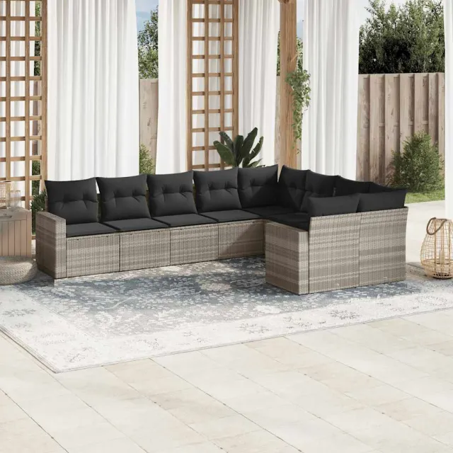 vidaXL 9-delige Loungeset met kussens poly rattan lichtgrijs grijs, foto 2