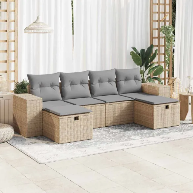 vidaXL 6-delige Loungeset met kussens poly rattan beige, foto 2