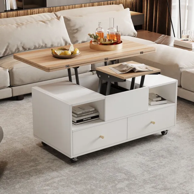 MEUNIQ Hoogteverstelbare opklapbare salontafel 100 x 50 cm met 4 lades, open vak, uitbreidbaar blad en wielen voor woonkamer, wit en naturel