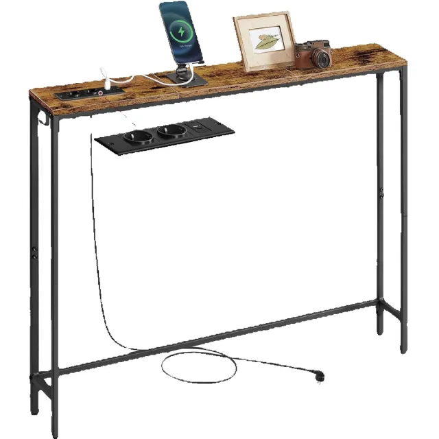 Golaro Wandtafel - Console Tafel Industrieel Design met Laadstations en 2 Stopcontacten - Smalle Tafel voor Hal en Woonkamer Bruin, Zwart