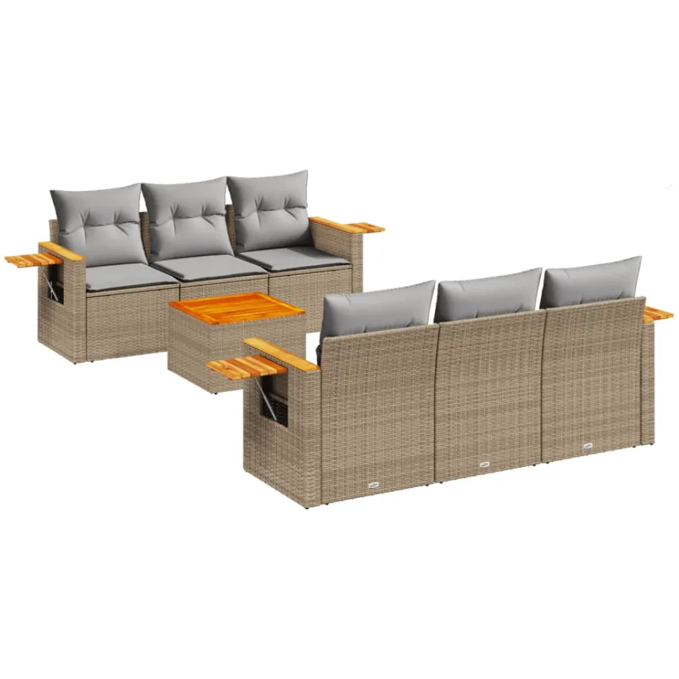 vidaXL 7-delige Loungeset met kussens poly rattan beige, foto 3
