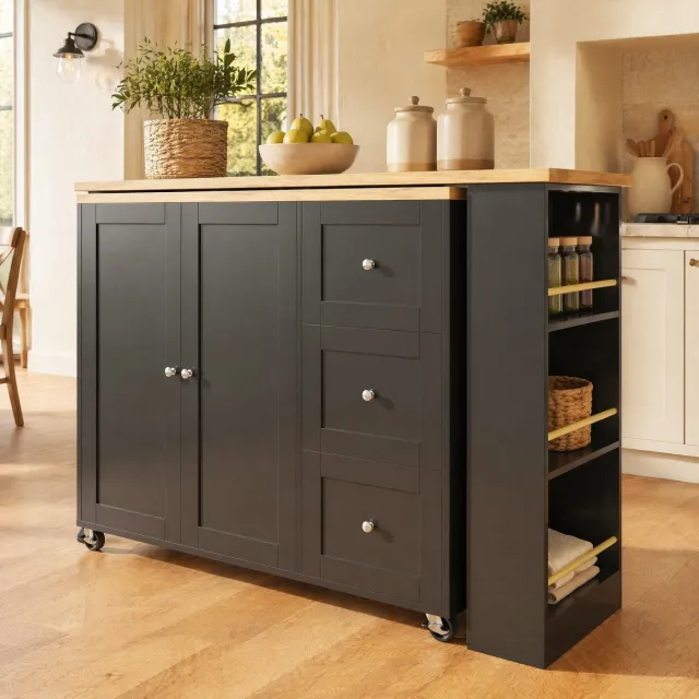 WUVRIE Bartafel 135-203x39x106 cm - 360° draaibaar met wielen en opbergruimte - Zwart