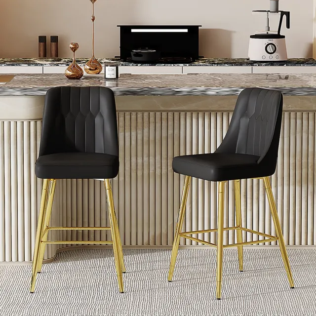 Wishdor Set Van 2 Barkrukken - Ergonomische Rugleuning En Voetensteun - Modern Ontwerp - Voor Keukeneiland Of Thuisbar - Metaal En Kunstleer - Zwart En Goud - Zithoogte 100 Cm - Belastbaar Tot 120 Kg Zwart + Goud