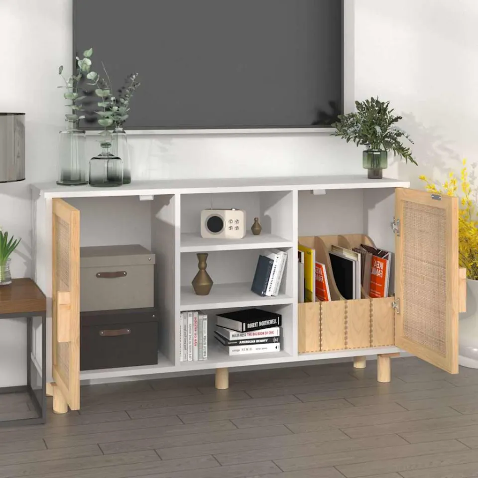 vidaXL Dressoir 105x30x60 cm massief grenenhout en rattan wit, foto 3