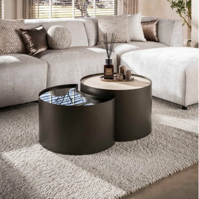 Meubelplaats Salontafel Metal half moon set/2 - 3D keramiek travertin Naturel