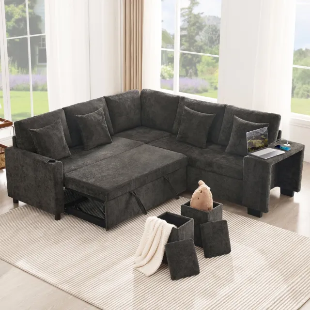 MIVRAY Hoekbank 220 x 205 cm - Slaapfunctie Met Opbergruimte En Oplaadpoorten - Woonkamer En Thuisbioscoop - Chenille Grijs