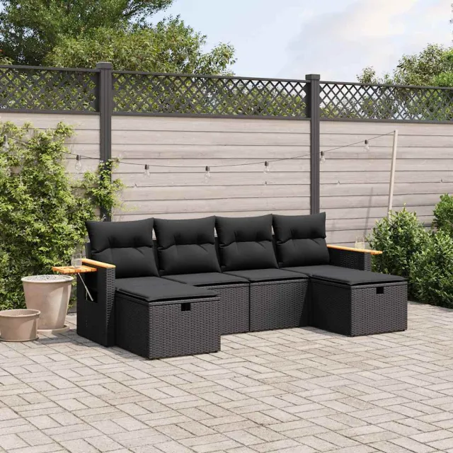 vidaXL 6-delige Loungeset met kussens poly rattan zwart, foto 2