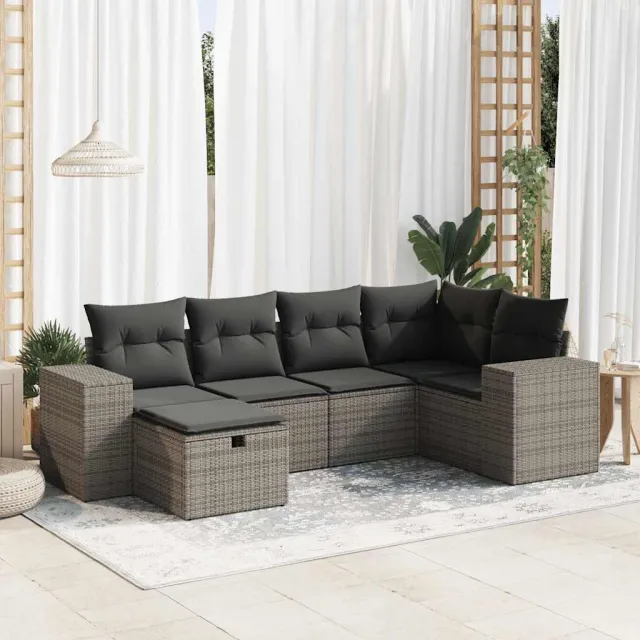 vidaXL 6-delige Loungeset met kussens poly rattan grijs, foto 2