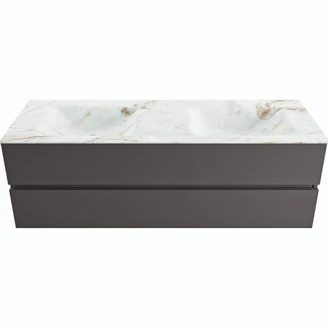 Mondiaz VICA-DLUX 150cm badmeubel onderkast Dark grey 2 lades. Inbouw wastafel CLOUD dubbel 2 kraangaten, kleur Frappe.