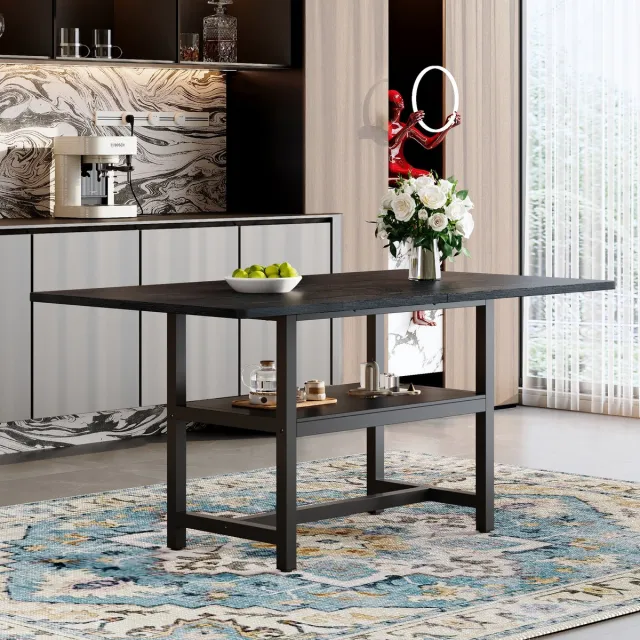 MODENUIT Eettafel - Rechthoekig Industrieel Met Opbergrek - Voor Eetkamer En Keuken - MDF En Metaal - Zwart