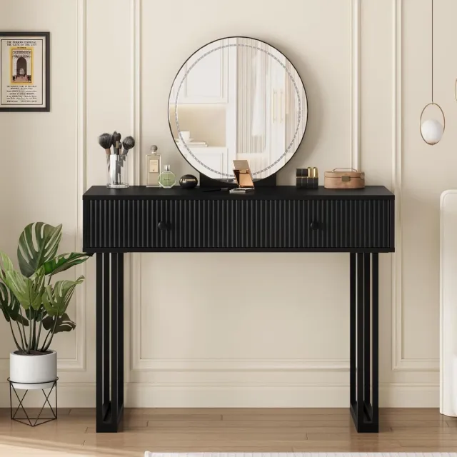 HOERFURIY Moderne Kaptafel met LED Spiegel en Metalen Poten - Compacte Make-up Tafel met 2 Laden - 3 Instelbare Kleuren - Zwart - 100 x 40 x 125 cm