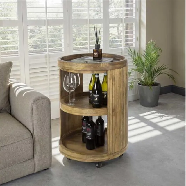 Meubelplaats Wijntrolley Wave – Rond Mangohout Zandkleur - afneembaar dienblad - Wielen – 55x79 cm Naturel