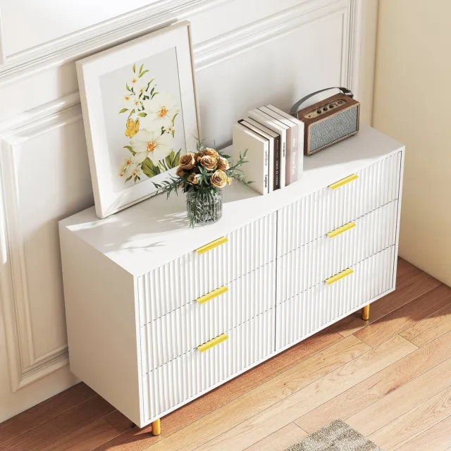 MIVRAY Ladekast - 6 Laden Met Reliëf En Gouden Grepen - Voor Slaapkamer Woonkamer Of Hal - MDF - Wit - 120x40x72 Cm