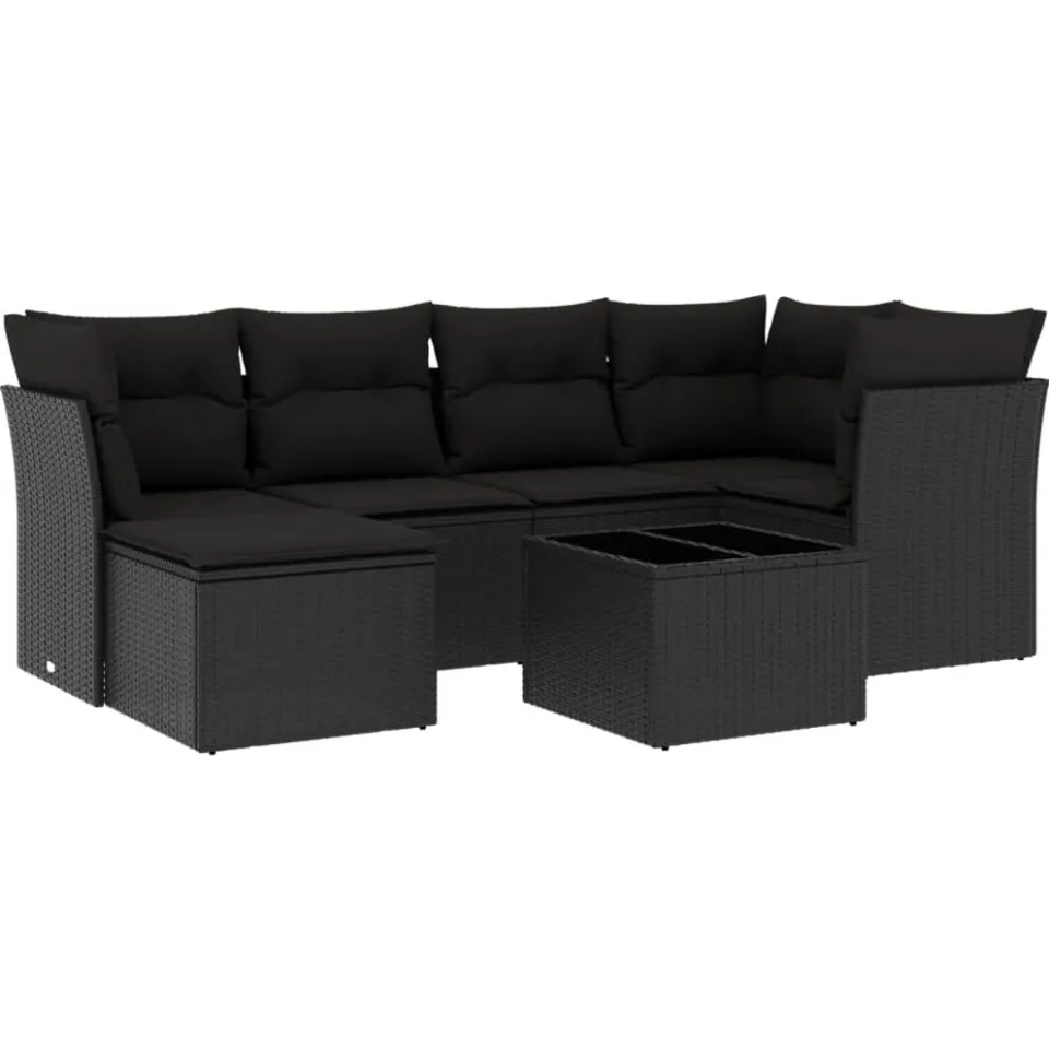 vidaXL 7-delige Loungeset met kussens poly rattan zwart, foto 3