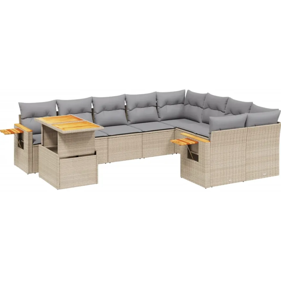 vidaXL 10-delige Loungeset met kussens poly rattan beige, foto 3