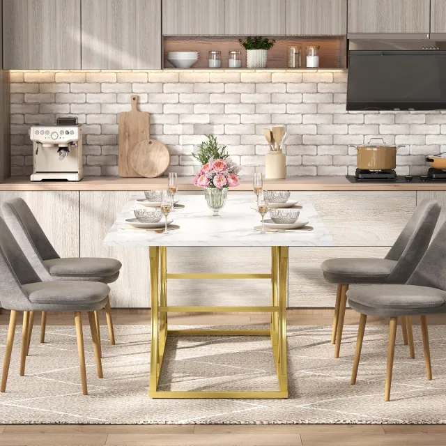 COVREO Eettafel 200x80x76 cm - wit met goud, MDF tafelblad, voor 8-10 personen Wit / goud