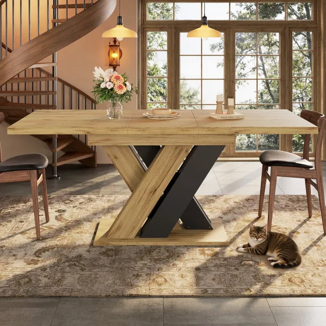 MODFU Uitschuifbare Eettafel - Met Opbergvak En X-Vormige Poten - Modern - Keuken En Woonkamer - MDF - Zwart - 119-158,5 x 80 cm